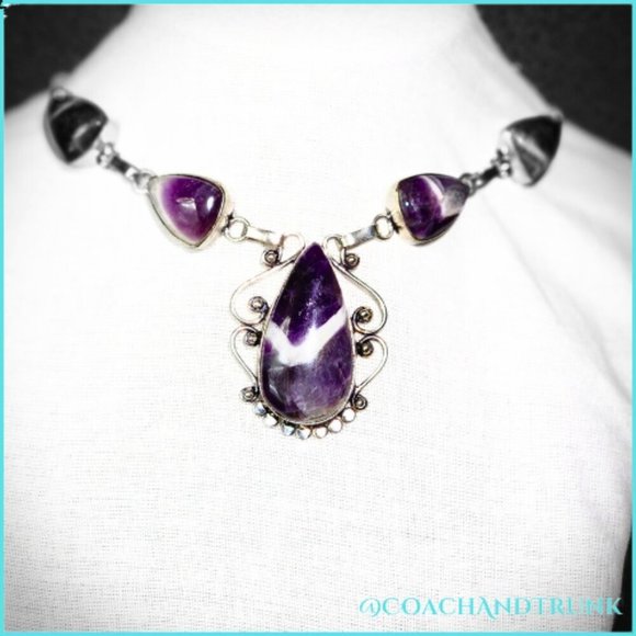 5 Natural Chevron Amethyst Handcrafted Scrollwork Silver Adjustable Length NEW - Picture 2 of 5